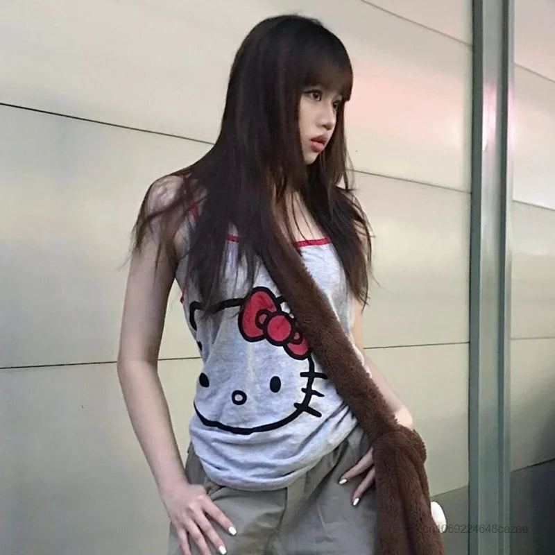 Sanrio Hello Kitty Cute Tank Tops Women Summer Fashion Sleeveless T-shirts Streetwear Sexy Suspender Cartoon Y2k Spicy Girl Vest