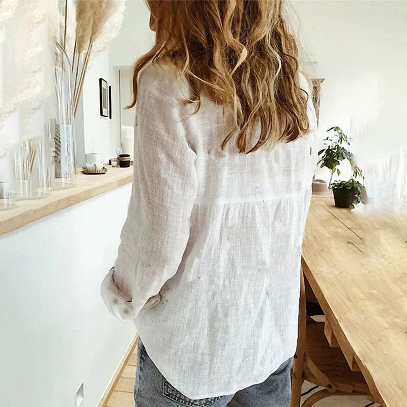 Summer Women Shirts Spring Cotton Linen Shirts Casual Solid Button Lapel Blouses Long Sleeve Loose Elegant Tops Tunic Blusas