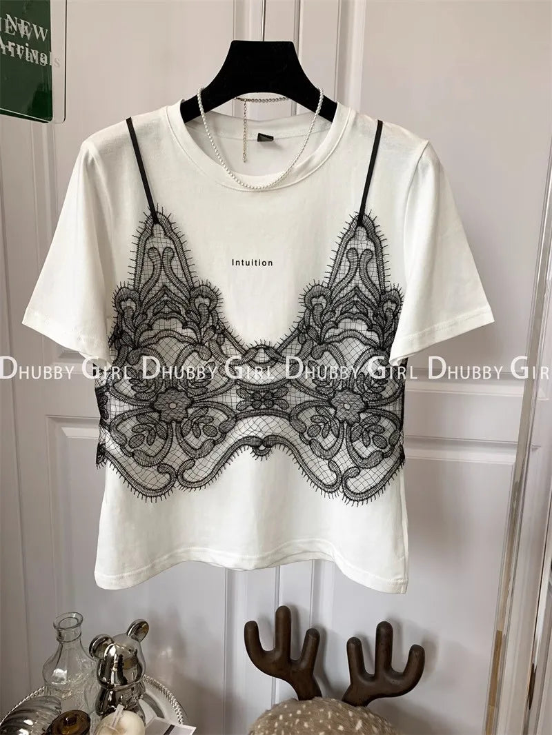 Summer Tshirts Women Fake Two Piece Chest Lace Stitching T-Shirt Fashion Tops Ladies Chic T-Shirt Female Short Sleeve Casual Tee