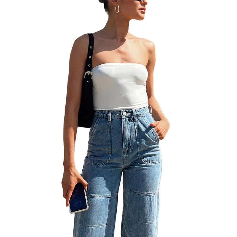 Tube Tops y2k Grunge Clothes 2000s Women Solid Color Slim Fit Off Shoulder Strapless Sleeveless Backless Vest Summer Streetwear