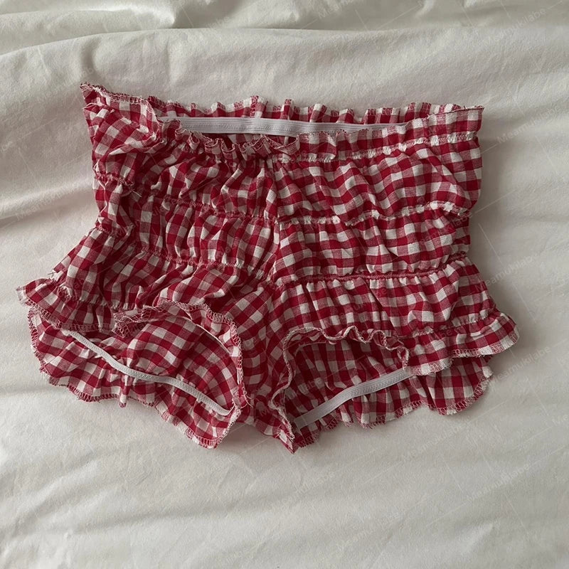 90s Vintage Cottage Plaid Shorts Elastic Slim Fit Bloomers Pants Women Kawaii Loungewear Fairy Retro Y2K Cute Knickers Bottom