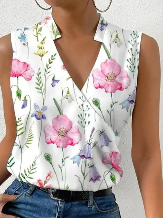 Fashion V-neck Sleeveless Print Women Tops And Blouses 2023 Summer Casual White Tank Top Femme Shirt Blouse