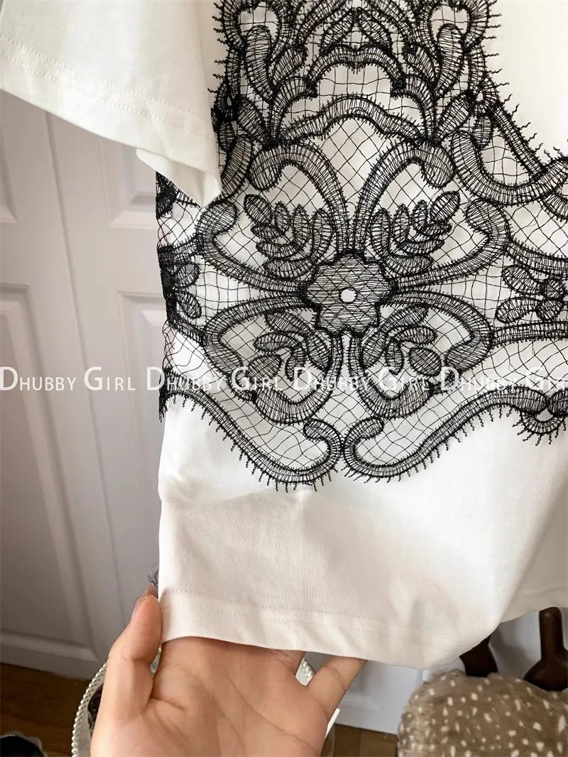 Summer Tshirts Women Fake Two Piece Chest Lace Stitching T-Shirt Fashion Tops Ladies Chic T-Shirt Female Short Sleeve Casual Tee